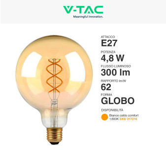 VT-2085 Lampadina LED E27 4,8W G125 Filament Vetro V-Tac