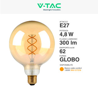 VT-2085 Lampadina LED E27 4,8W G125 Filament Vetro V-Tac
