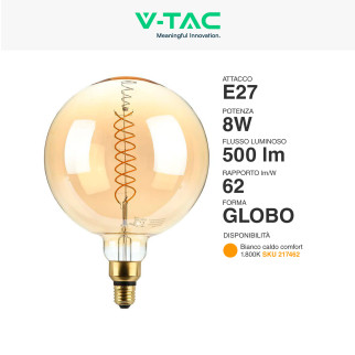 VT-2158D Lampadina LED E27 8W Bulb G200 Filament Vetro V-Tac
