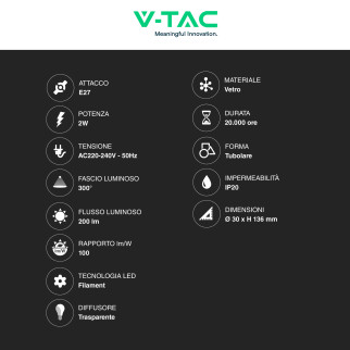 VT-2042 Lampadina LED E27 2W Bulb T30 Filament Vetro V-Tac