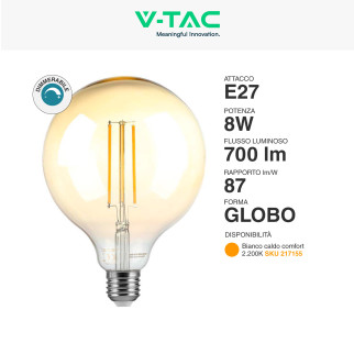 VT-2018D Lampadina LED E27 8W G125 Filament Vetro V-Tac