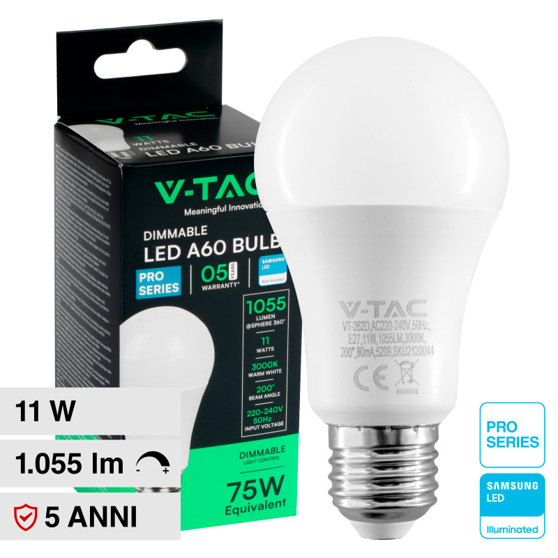 VT-262D Lampadina LED E27 11W A60 Chip Samsung V-Tac Pro