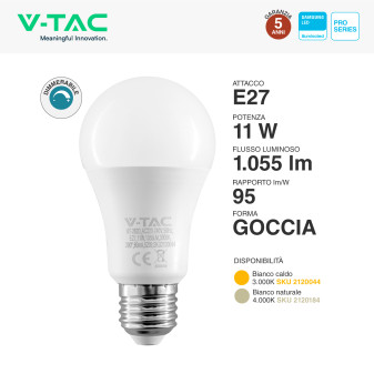 VT-262D Lampadina LED E27 11W A60 Chip Samsung V-Tac Pro