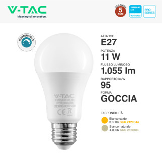 VT-262D Lampadina LED E27 11W A60 Chip Samsung V-Tac Pro
