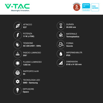 VT-262D Lampadina LED E27 11W A60 Chip Samsung V-Tac Pro