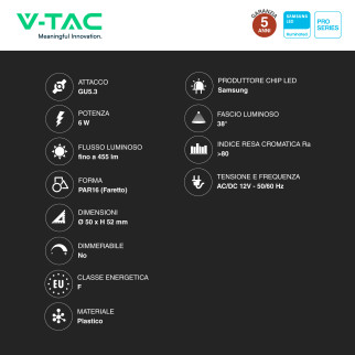 Lampadina LED GU5.3 (MR16) 6W Chip Samsung V-Tac