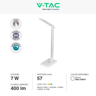 VT-1027 Lampada LED da Tavolo 7W Multifunzione Bianca V-Tac