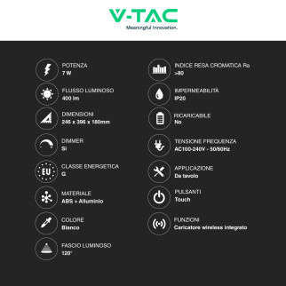 VT-1027 Lampada LED da Tavolo 7W Multifunzione Bianca V-Tac
