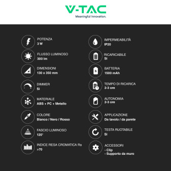 VT-7413 Lampada LED 3in1 da Tavolo e da Parete 3W Magnetica V-Tac