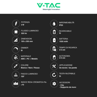 VT-7413 Lampada LED 3in1 da Tavolo e da Parete 3W Magnetica V-Tac