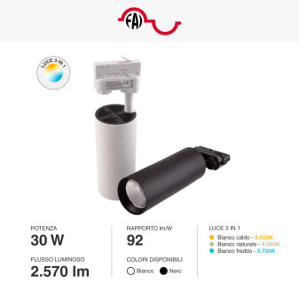 Faretto LED da Binario 21W/30W Track Light COB CCT 3in1 FAI