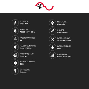 Faretto LED da Binario 21W/30W Track Light COB CCT 3in1 FAI