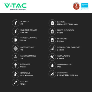 VT-77 Lampada LED da Muro 2W IP65 Sensore e Pannello V-Tac
