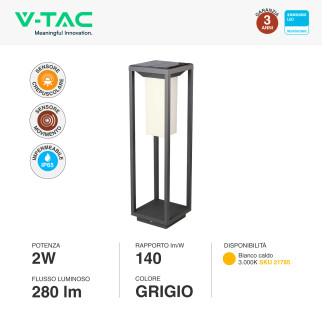 VT-66 Lampada LED Giardino 2W IP65 Sensore e Pannello V-Tac