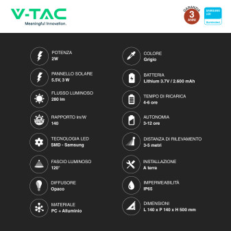 VT-66 Lampada LED Giardino 2W IP65 Sensore e Pannello V-Tac