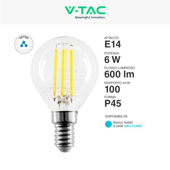 VT-2466 Lampadina LED E14 6W Miniglobo Filament Trasparente V-Tac