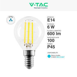 VT-2466 Lampadina LED E14 6W Miniglobo Filament Trasparente V-Tac