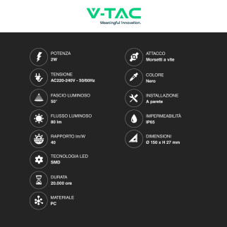 VT-1142 Punto Luce LED SMD 2W a Parete IP65 Nero V-Tac