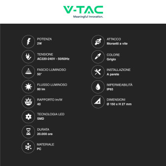 VT-1142 Punto Luce LED SMD 2W a Parete IP65 Grigio V-Tac