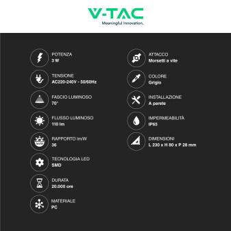 VT-1162 Punto Luce LED SMD 3W a Parete IP65 Grigio V-Tac