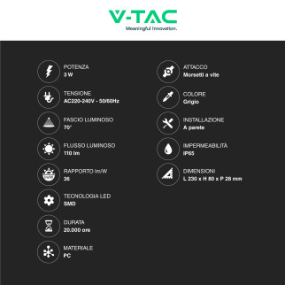 VT-1162 Punto Luce LED SMD 3W a Parete IP65 Grigio V-Tac
