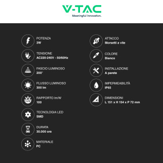 VT-1172 Punto Luce LED SMD 3W IP65 a Parete Bianco V-Tac