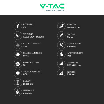 VT-1109RD Punto Luce LED COB 3W da Incasso IP20 V-Tac
