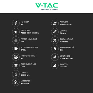VT-1109RD Punto Luce LED COB 3W da Incasso IP20 V-Tac