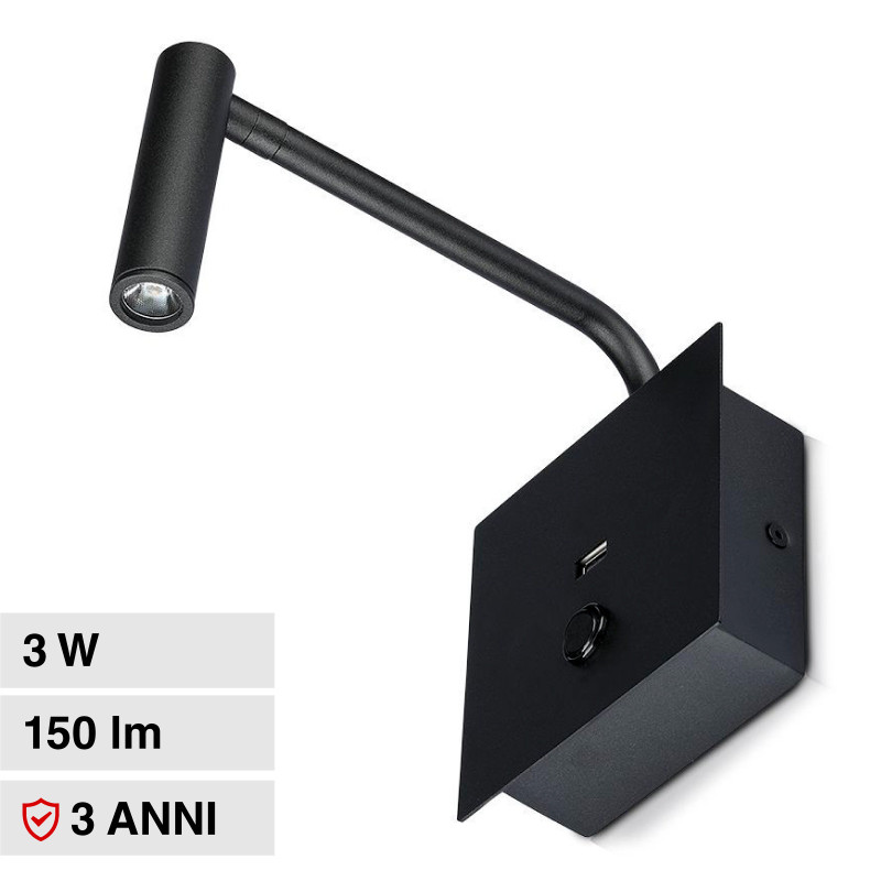 VT-2943 Lampada LED da Muro 3W COB Porta USB Nera V-Tac