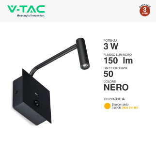 VT-2943 Lampada LED da Muro 3W COB Porta USB Nera V-Tac