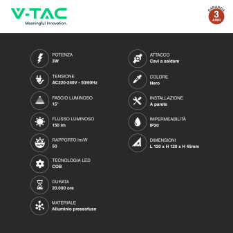 VT-2943 Lampada LED da Muro 3W COB Porta USB Nera V-Tac
