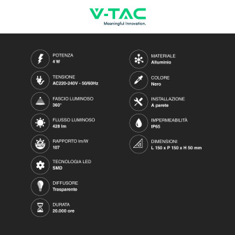 VT-704 Lampada LED da Muro 4W SMD IP65 Colore Nero V-Tac