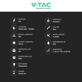 VT-704 Lampada LED da Muro 4W SMD IP65 Colore Nero V-Tac