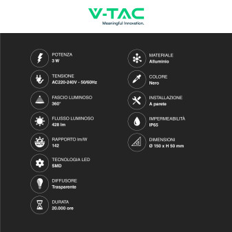 VT-706 Lampada LED da Muro 3W SMD IP65 Colore Nero V-Tac