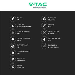 VT-706 Lampada LED da Muro 3W SMD IP65 Colore Nero V-Tac