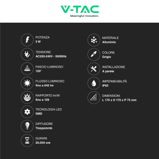 VT-825 Lampada LED da Muro 5W SMD Applique Grigia V-Tac