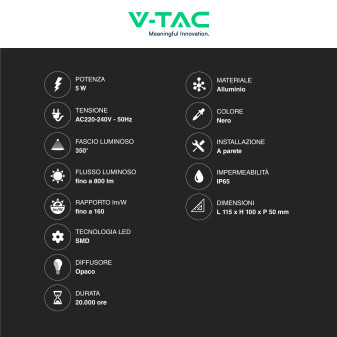 VT-816 Lampada LED da Muro 5W SMD IP65 Colore Nero V-Tac