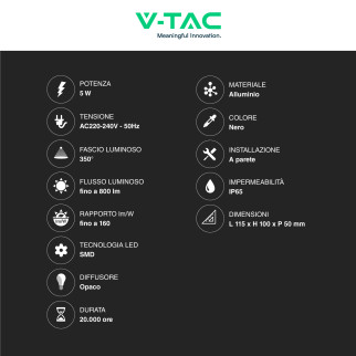 VT-816 Lampada LED da Muro 5W SMD IP65 Colore Nero V-Tac