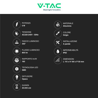 VT-816 Lampada LED da Muro 5W SMD IP65 Colore Grigio V-Tac