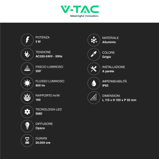 VT-816 Lampada LED da Muro 5W SMD IP65 Colore Grigio V-Tac