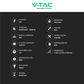 VT-811 Lampada LED da Muro 9W SMD Applique Nera V-Tac