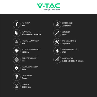 VT-811 Lampada LED da Muro 9W SMD Applique Nera V-Tac