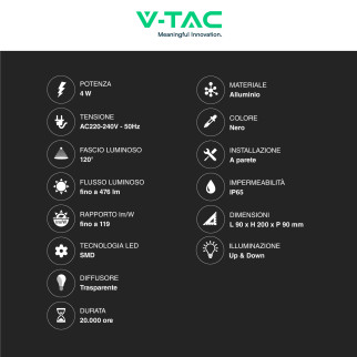 VT-826 Lampada LED da Muro 4W SMD IP65 Colore Nero V-Tac