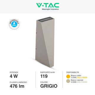 VT-826 Lampada LED da Muro 4W SMD IP65 Colore Grigio V-Tac