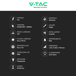 VT-826 Lampada LED da Muro 4W SMD IP65 Colore Grigio V-Tac
