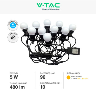 VT-70510 Catena da 10 Lampadine LED MiniGlobo IP44 V-Tac