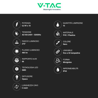 VT-70510 Catena da 10 Lampadine LED MiniGlobo IP44 V-Tac