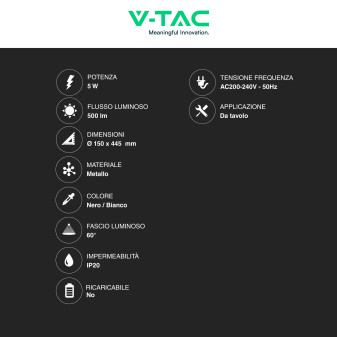 VT-7506 Lampada LED da Tavolo 5W in Metallo V-Tac