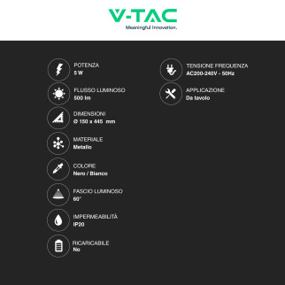 VT-7506 Lampada LED da Tavolo 5W in Metallo V-Tac