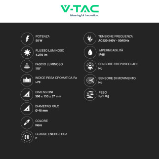 VT-15057ST Lampada Stradale LED 50W SMD Lampione IP65 V-Tac